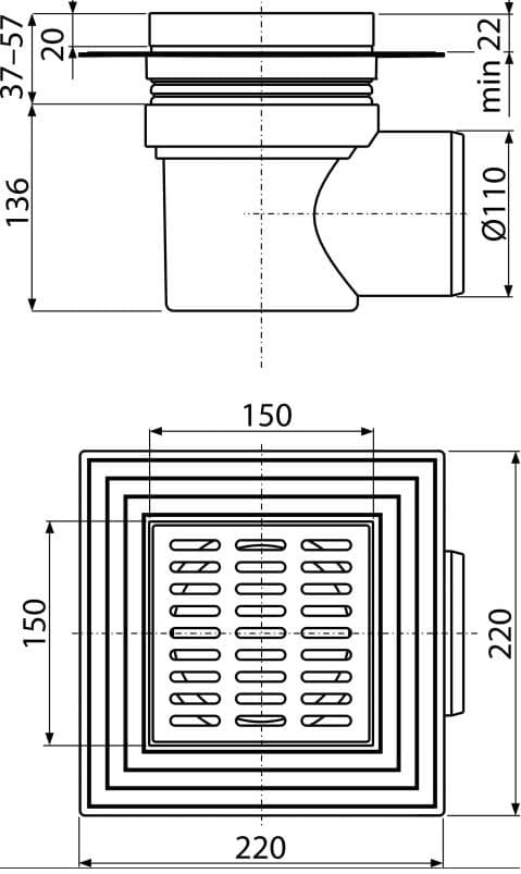  Alca APV12 Podlahová vpust 150×150/110 mm bočná, mriežka nerez, liemec 2. úrovne izolácie, vodná AL-VPUST 150*150/110 BOCNA nerez V