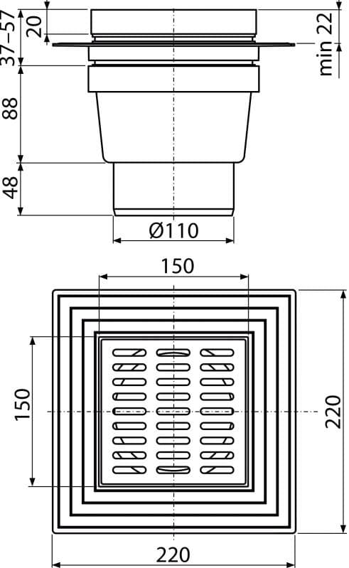  Alca APV13 Podlahová vpust 150×150/110 mm bočná, mriežka nerez, liemec 2. úrovne izolácie, vodná AL-VPUST 150*150/110 SPODNA nerez vodna zap.