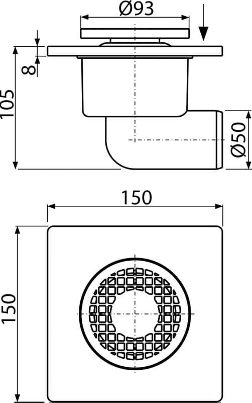 Alca APV3 Podlahová vpust 150×150/50 mm bočná, mriežka šedá, vodná zápachová uzávera AL-VPUST BOČ.150x150/ DN50 plast šedá