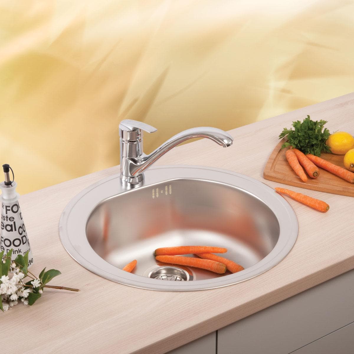  METALAC Nerezový drez VENERA 510E okrúhly priemer 510mm  s otvorom pre batériu, vzor LESKLÝ  + Euro sifón s prepadom a 1x prípojka DREZ NEREZ  VENERA 510E KRUHOVY + sifon D90mm LESKLY