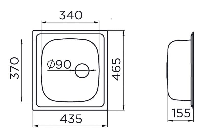  METALAC Nerezový drez  QUADRO 90 465x435x155mm otvor pre sifón D90mm MATNÝ  + sifón D90 s prepadom a 1x prípojka DREZ NEREZ  QUADRO90 465x435x155 + sifon D90mm MATNY ( 0,6mm NEREZ)