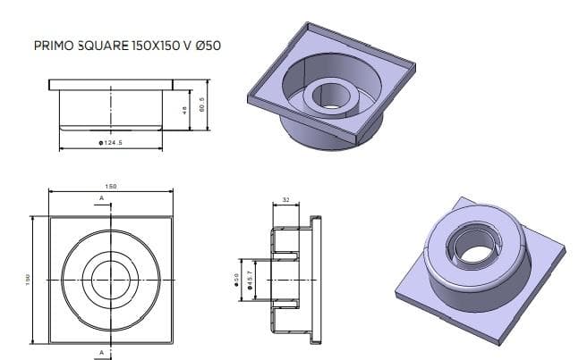  Peštan Podlahová vpusť PRIMO 150x150 nerez spodná D50 prietok 48l/min, výška 47mm Peštan podlah.vpusť spodná, 150x150 nerez D50 48l/min