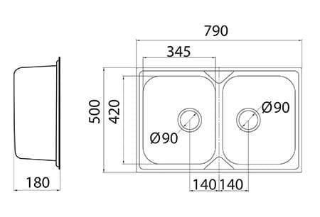  METALAC Nerezový drez NERA PRAKTIK 2D/90 790x500x180mm + sifón A456P D90mm MATNÝ POVRCH DREZ  NEREZ NERA PRAKTIK 2D/90 790x500x180 + sifon A456P D90mm MATNY povrch