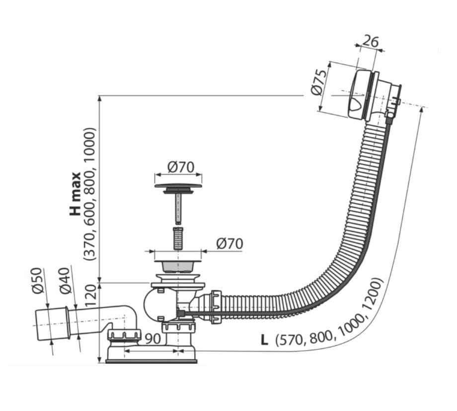  Alca Vaňový sifón A51BM-120, automat komplet, biela, dĺžka 120 cm AL-SIFON VANOVY AUTOMAT BIELY velka zatka 120cm dlzka