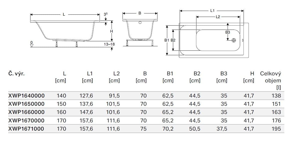  Geberit Obdĺžniková vaňa   REKORD 160x70 cm, H=40cm, objem vody 164 l, vrátane nôh REKORD PRAVOUHLA VANA 160X70