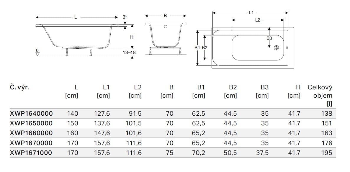  Geberit Obdĺžniková vaňa   REKORD 170x70 cm, H=40 cm, objem vody 176 l, vrátane nôh REKORD PRAVOUHLA VANA 170X70