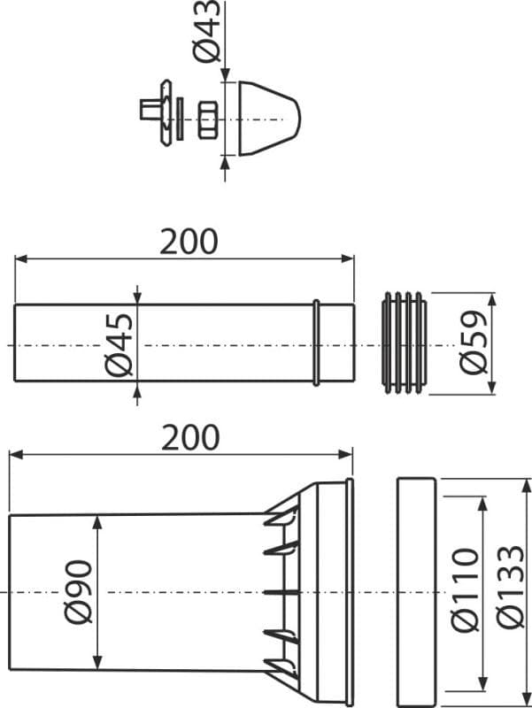  Alca Prípojka k WC M900K DN90 - príslušenstvo komplet krytky chrom , bez závitových tyčiek AL-INS.TRUBKY ODPAD DN90x200mm+PRIVOD + chrom krytka novinka