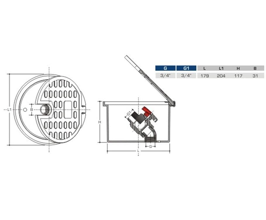  PLASTICA ALFA Závlahová šachta priemer 180mm, s mrazuvzdorným ventilom 3/4" a otvorom pre hadicu, hadicová koncovka, PC301-TO PA ZAVLAHA SACHTA S VENTILOM a otvorom pre hadicu