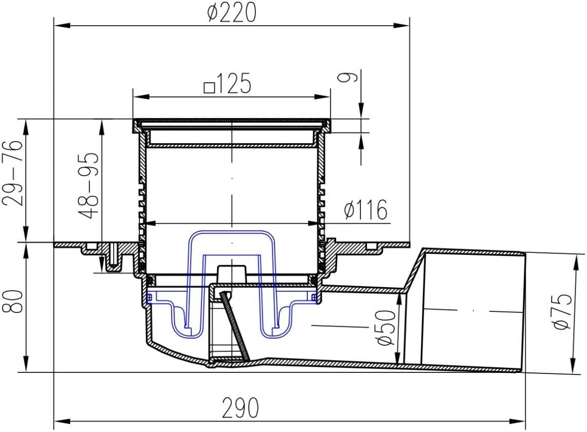  CHUDĚJ 388A Podlahová vpust bočná UNI D50/75, 125x125, plastový rámček, nerez mriežka SUN MCH 388A PODL.VPUST BOCNA UNI DN50/DN75 125x125 nerez SUN/plast ramcek    (V)