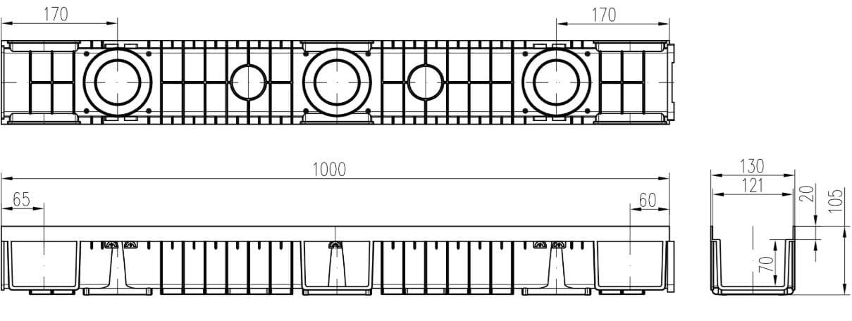  CHUDĚJ CH1112 - Vonkajší odtokový plastový žľab s pozinkovanou mriežkou, 1,5 t dlzka 1000x130x105 výška MCH VONKAJSI ODTOK.ZLAB Pozink rost  1,5t 1000x130x105 vyska