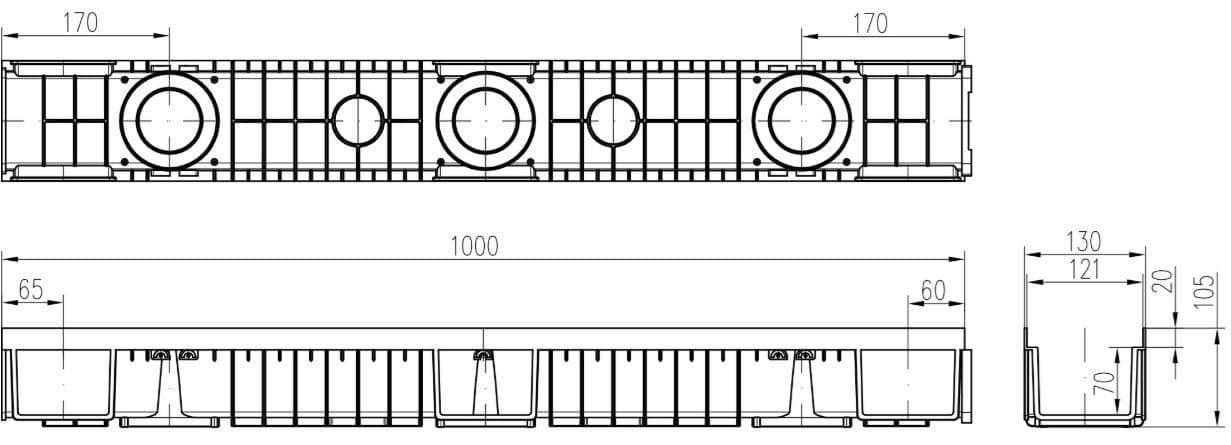  CHUDĚJ CH1113 - Vonkajší odtokový plastový žľab s plastovou mriežkou, 1,5 t dlzka 1000x130x105 výška MCH VONKAJSI ODTOK.ZLAB Plastovy rost  1,5t 1000x130x105 vyska