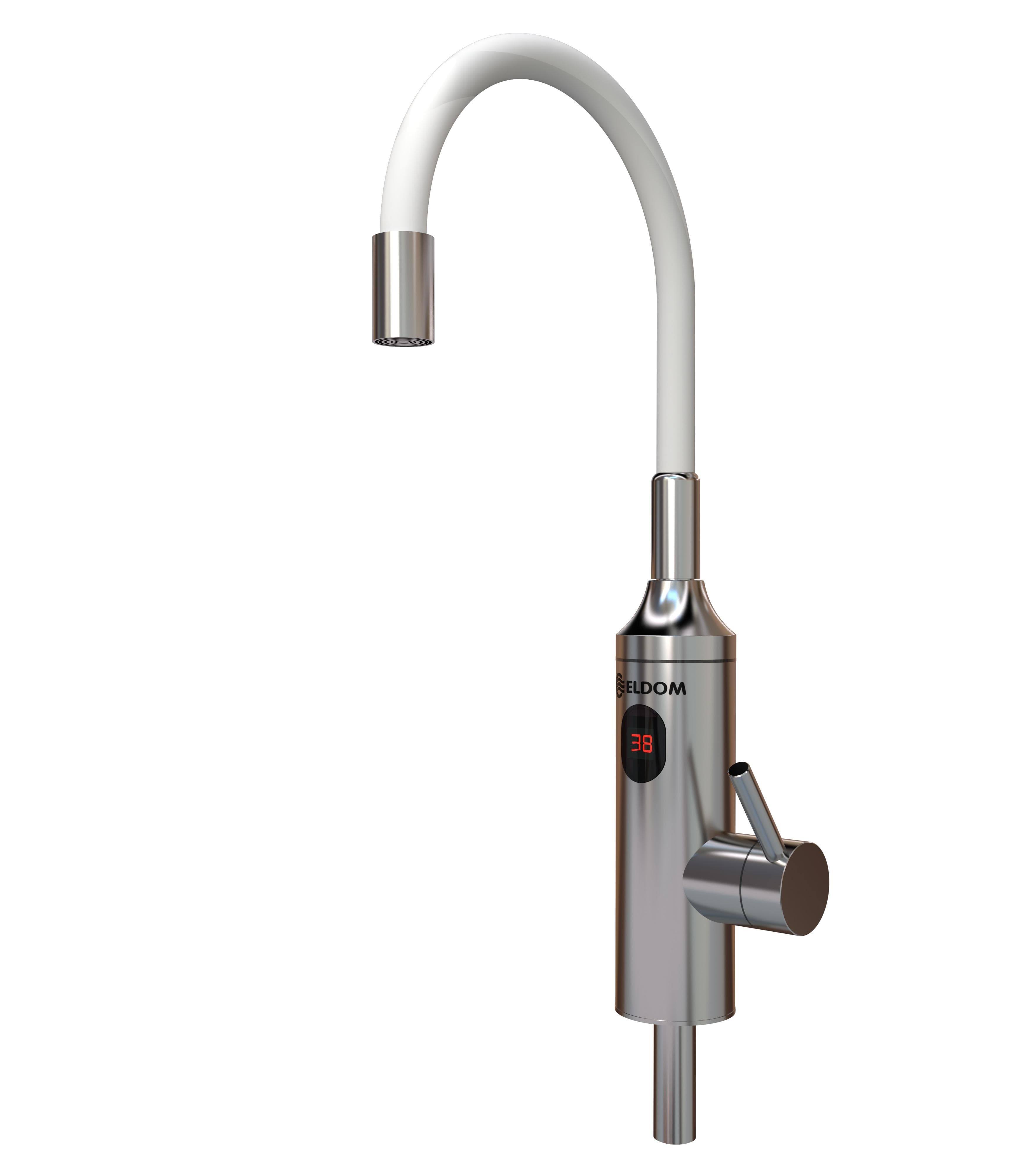 Batériový NEREZOVÝ prietokový ohrievač vody DIGITAL 1/2" STOJANKOVÝ s BIELYM ohyb.výtokom,16A, 3,3kW/220V + prívodný kábel (100519) ( nahádza INOX-S) priamoohrevná batéria