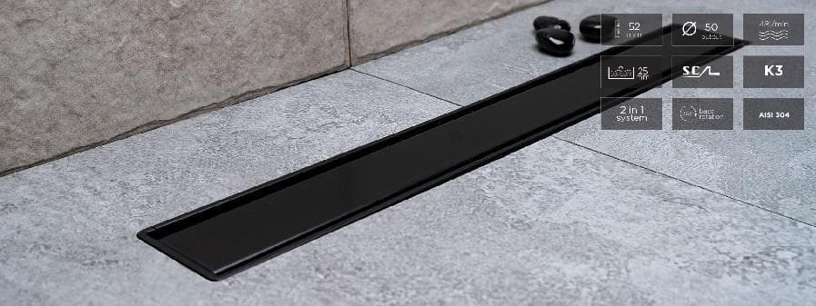 Podlahový žľab CONFLUO  Primo Compact Line MatteBlack, D50, dĺžka 650 mm