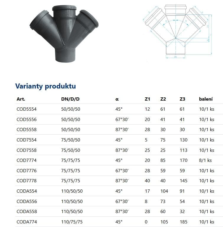  Plast Brno HT odbočka 2x, d 75/75/75/45° pre vnútorný odpad (HTDA odbočka) COD7774 (os16125) HT 2xODBOCKA 75/75/75-45°  COD7774      PB