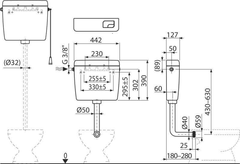  Alca WC nádržka plastová A930-H-3/8" univerzálna DUAL systém 3/6 l (nahrádza A93 38) AL-NADRZKA UNI DUAL 3/6L  3/8"vysoko+stred. (bez dlhého potrubia) (nahradza A93 3/8")