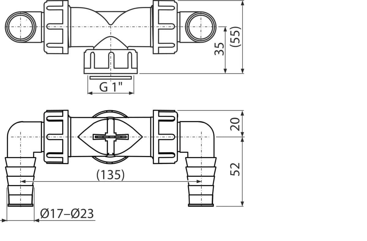  Alca Dvojitá hadicová prípojka P155Z-G1 prípoj pre G1" matica, pre hadice 2x17–23 mm, so spätnými klapkami NOVINKA AL-KOLENO DVOJITE G1"/2x17-23mm x G1" matica s klapkami NOVINKA