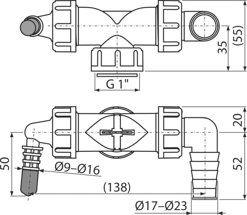  Alca Dvojitá hadicová prípojka P156Z-G1" prípoj G1" matica, 8–16/17-23 mm so spätnými klapkami NOVINKA AL-KOLIENKO DVOJ. s klap.G1"/8-23 so spat.klapkami  na pripojenie G1" matica NOVINKA
