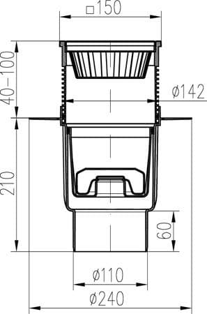  CHUDĚJ 827X-Li Kanalizačná vpust spodná DN110 s liemcom, neptun uzávera 150x150 - liatinová mriežka MCH-827X-i KANAL.VPUST SPODNA  DN110 SUCHA 150x150 Liatina/NEPTUN= KVS110