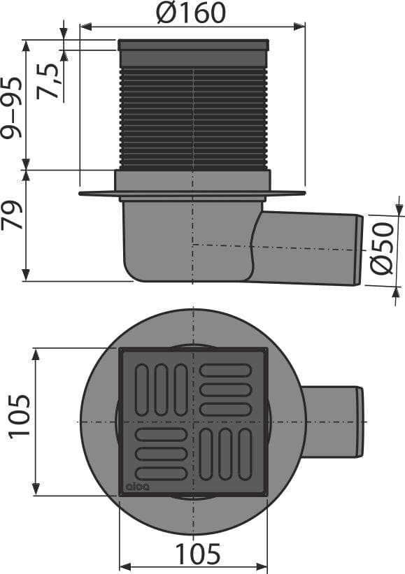  Alca APV31BLACK Podlahová vpust 105×105/50 mm bočná, mriežka nerez ČIERNA, kombinovaná zápachová uzávera SMART AL-VPUST 105x105 /DN50 bocna mriezka nerez cierna matna