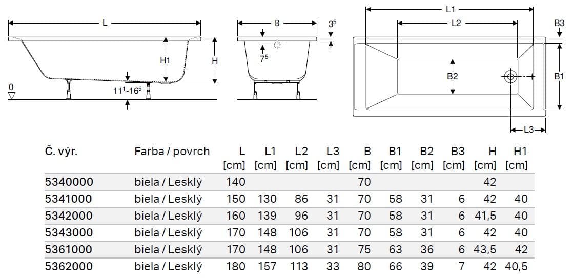  Geberit Obdĺžniková vaňa Koło Supero s nožičkami, 140x70cm, celkový objem 150 l Koło Supero obdĺžniková vaňa s nožičkami 140x70cm, celkový objem 150 l