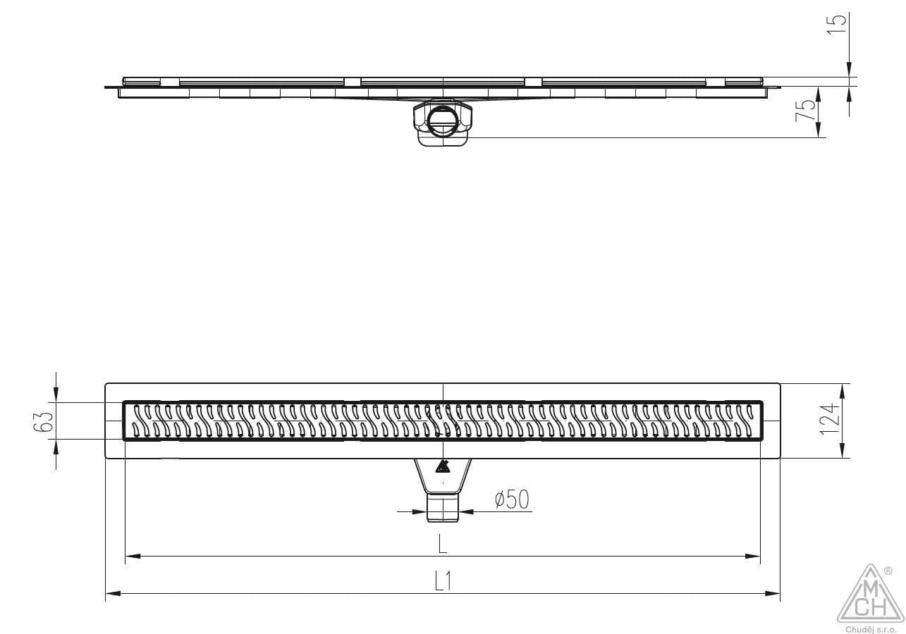  CHUDĚJ CH PA 850 K 1 - Podlahový žľab plastový, dĺžka  850 mm, s otočným sifónom D50 o 360°, nerezová mriežka KLASIK/FLOOR matná MCH-ZLAB PLASTOVY otocny sifon D50-850mm KLASIK/FLOOR MATNY