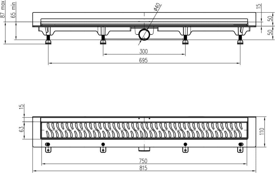  CHUDĚJ CH 750 LN 3 - Podlahový žľab plastový, ku stene, dĺžka 750 mm, bočný odtok DN40, nerez rámček i mriežka LINE matná MCH-ZLAB PLASTOVY NEREZ ram.ku stene 750mm/LINE MATNY