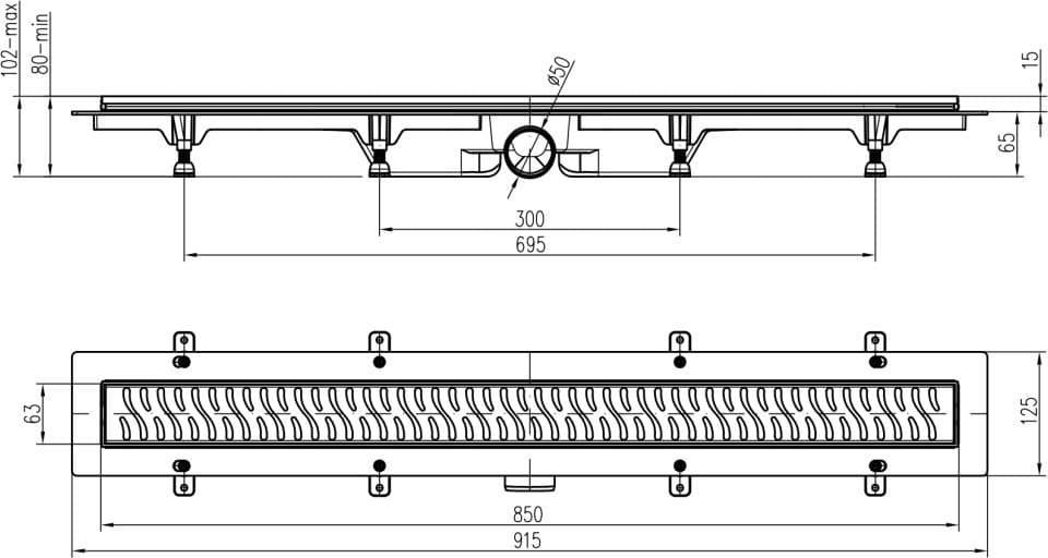  CHUDĚJ CH 850/50 L 1 - Podlahový žľab plastový, dĺžka  850 mm, s bočným odtokom D50, nerezová mriežka LINE matná MCH-ZLAB D50 850mm LINE MATNY