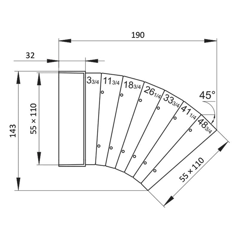  Vents 52510 - 55x110/0-45° Koleno horizontálne plastové hranaté 55 x 110 mm VEN-KOLENO HR. 52510-55x110/0-45° HORIZONT. PLAST