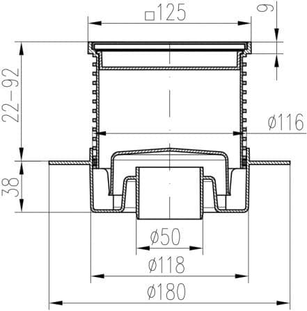  CHUDĚJ 420L Podlahová vpusť spodná DN50 - nerez s golierom, hranatá 125x125 = PVS50 L2 MCH 420L PODL.VPUST SPODNA NEREZ s liemcom =PVS50 L2