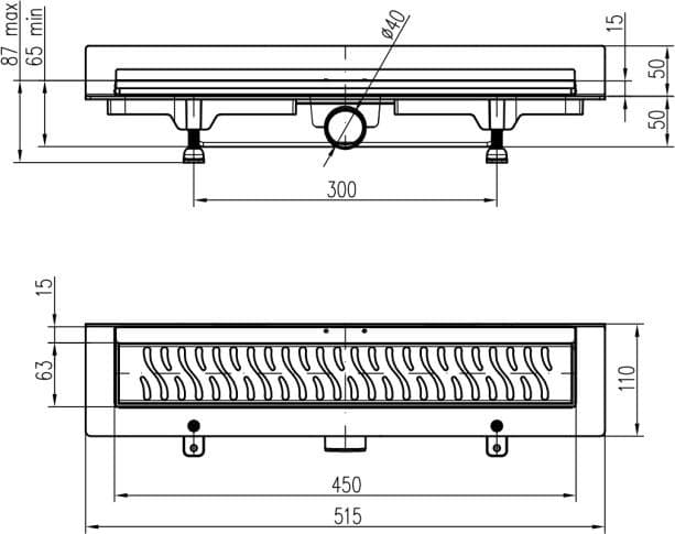  CHUDĚJ CH 450 KN 2 - Podlahový žľab plastový, ku stene, dĺžka 450 mm, bočný odtok D40, nerez rámček i mriežka KLASIK/FLOOR lesk MCH-ZLAB NEREZ ram.ku stene 450mm/ KLASIK/FLOOR LESKLY