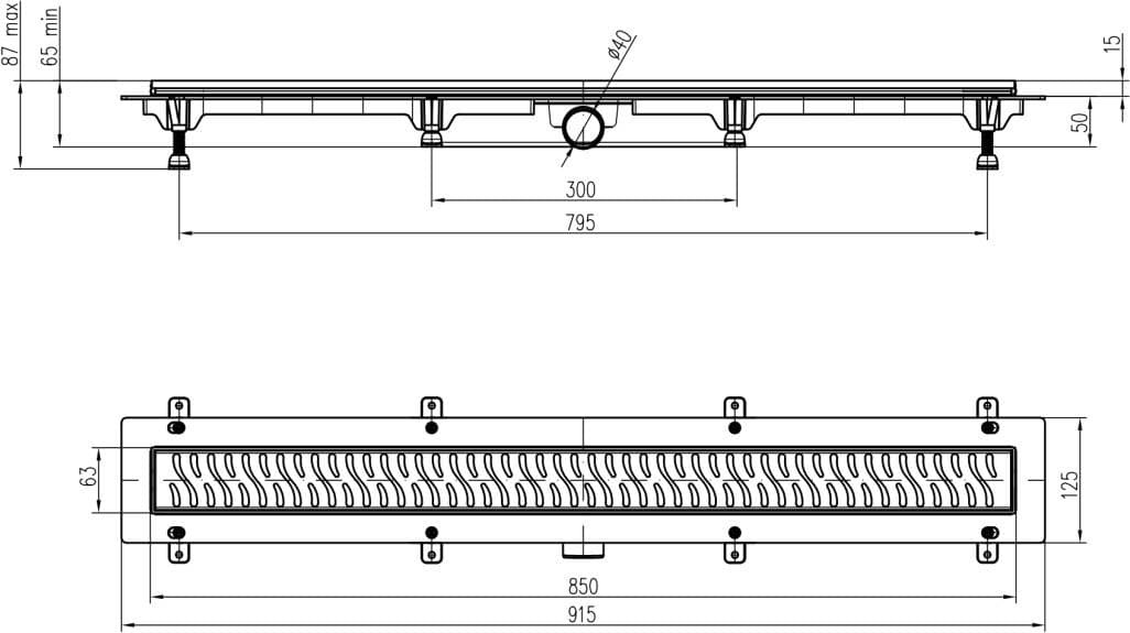  CHUDĚJ CH 850 LN - Podlahový žľab plastový, nerez rámček, dĺžka 850 mm, bočný odtok DN40, nerez mriežka LINE lesklá MCH-ZLAB PLASTOVY NEREZ ram. 850mm / LINE LESKLY