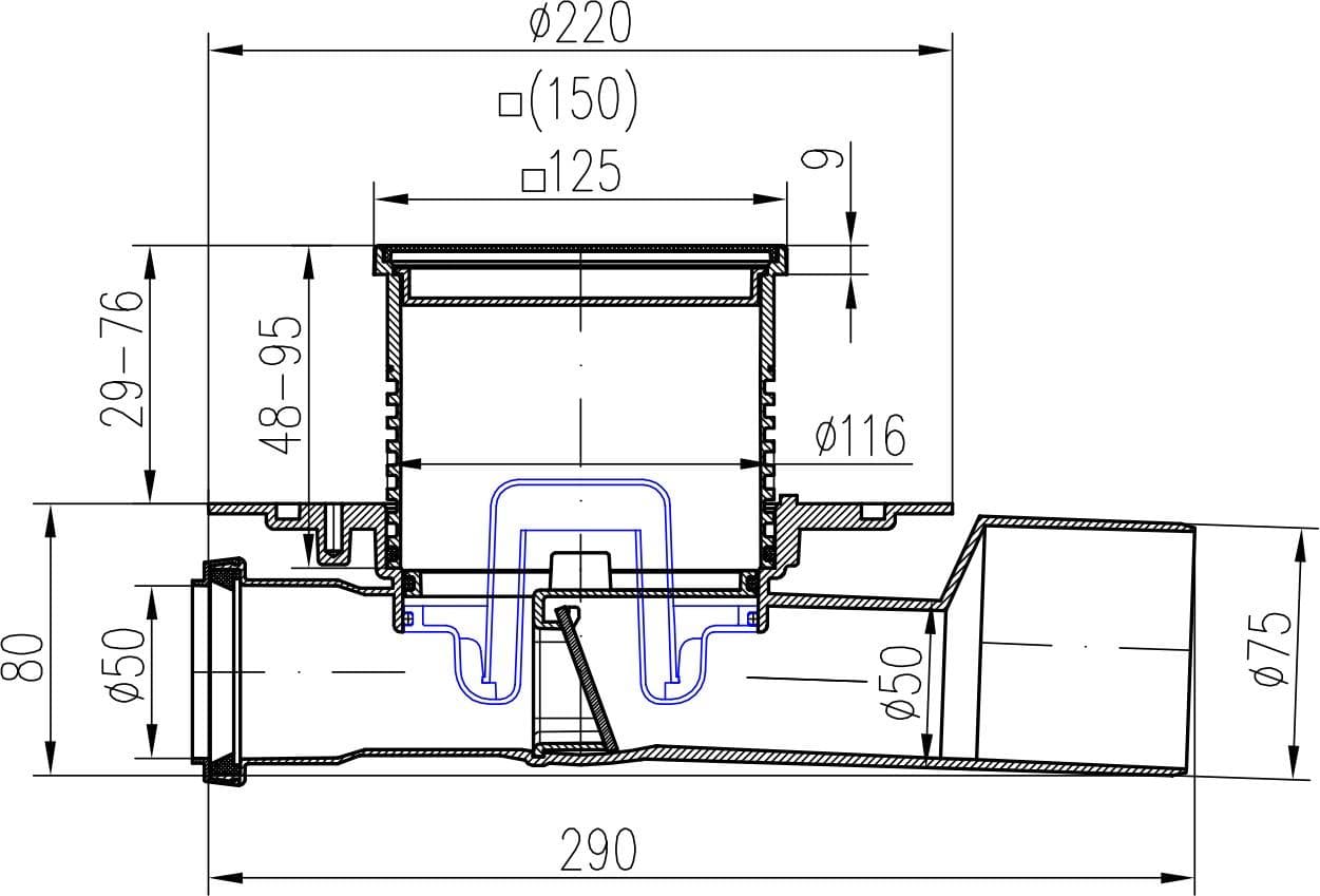  CHUDĚJ 427A- PVP 50 S Podlahová vpust bočná priebežná D 50 122x122 mm, plast. rámček/nerez. mriežka S/Vod. MCH 427A (428S+428V) VPUST PRIEBEZ.DN50/75 sucha/vodna NEREZ 122x122 plast.ramcek