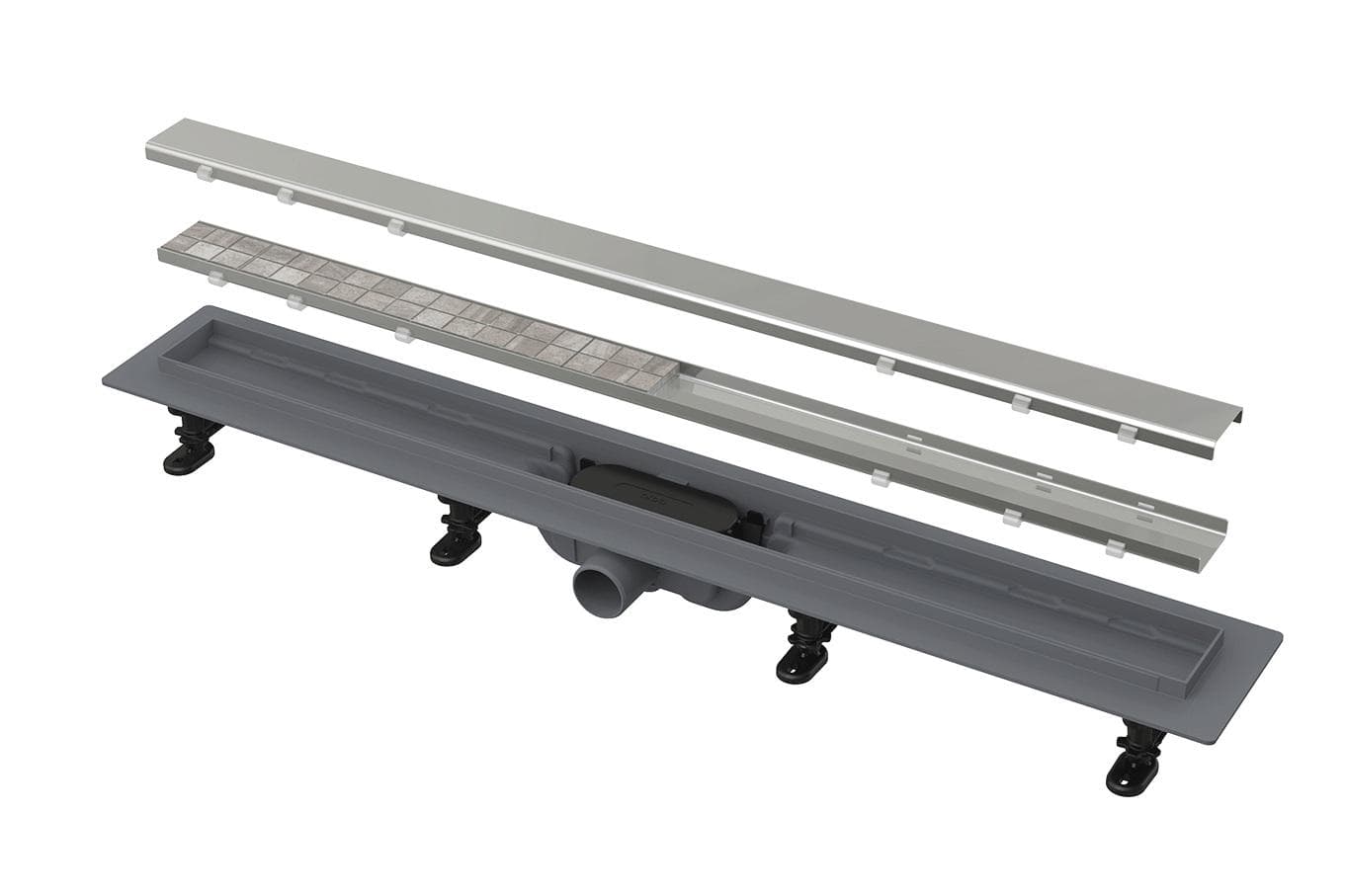 APZ19-950 SIMPLE Podlahový žľab plastový s okrajom pre otočný rošt plný/na vloženie dlažby (max.8mm), dĺžka 950 mm, s roštom nerez