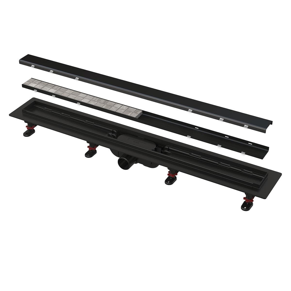 APZ19BLACK-850 SIMPLE Podlahový žľab plastový s okrajom pre otočný rošt plný nerez čierny/na vloženie dlažby (max.8mm), dĺžka 850 mm, s roštom nerez/black