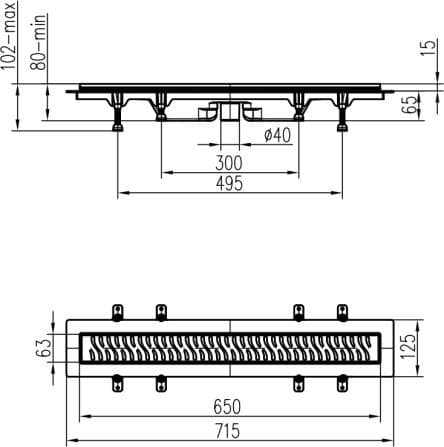  CHUDĚJ Podlahový žľab plastový, spodný odtok D40, nerez rámček, dĺžka  650 mm, nerezová mriežka MEDIUM lesklá MCH-ZLAB SPODNY DN40 Nerez.ramcek  650mm MEDIUM lesk