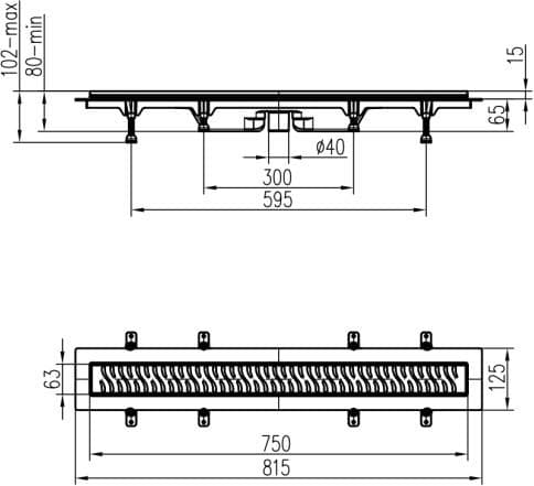  CHUDĚJ Podlahový žľab plastový, spodný odtok D40, nerez rámček, dĺžka  750 mm, nerezová mriežka LINE matná MCH-ZLAB SPODNY DN40 Nerez.ramcek  750mm LINE matny