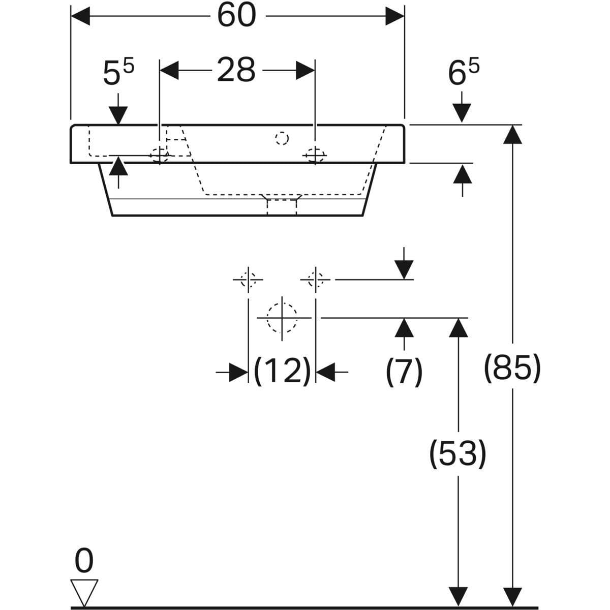  Geberit Umývadlo pre deti 60x55 Geberit Bambini s nádobkou na špongiu na boku G Bambini umývadlo s nádobkou na špongiu na boku: B=60cm, H=16.3