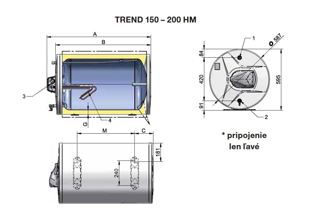  Qtermo TREND200HM (101311) závesný horizontálny elektrický ohrievač vody, mokrý ohrev, 200l, 3kW (vývody na ľavej strane) QT-OHRIEV.EL.200l vodorovny 2x1,2kW 101311