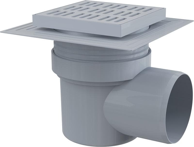 APV10 Podlahová vpust 150×150/110 mm bočná, mriežka šedá, liemec 2. úrovne izolácie, vodná