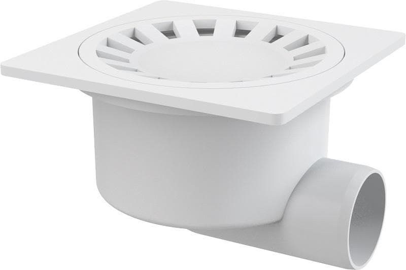APV15 Podlahová vpust 150×150/50 mm bočná, mriežka biela, vodná zápachová uzávera