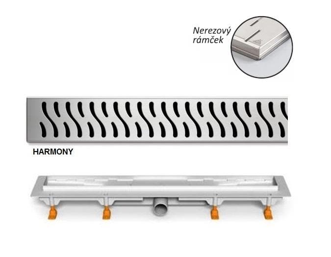CH 550 HN - Podlahový žľab plastový, nerez rámček, dĺžka 550 mm, bočný odtok DN40, nerez mriežka HARMONY lesklá