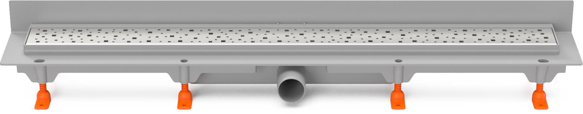 CH 850 S 2 - Podlahový žľab plastový ku stene, dĺžka 850 mm, bočný odtok D40, nerezová mriežka SQUARE lesklá