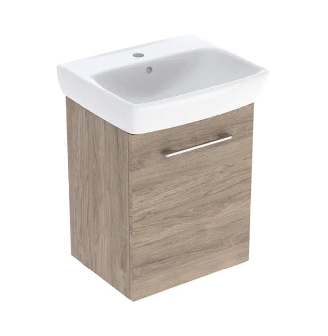 Súprava malého umývadla 50 cm so spodnou skrinkou Geberit Selnova Square, jedny dvierka, orech hickory, melamín s drevenou štruktúrou