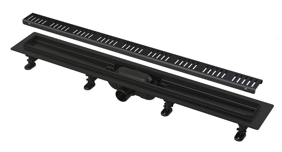APZ10BLACK Podlahový žľab plastový s roštom, bočný odtok D40, dĺžka 550 - 950 mm, čierna matná